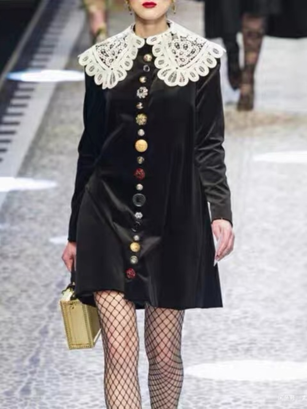 Black Velvet Mini Dress with White Lace Collar